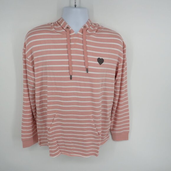 C & C California Women's Striped Misty Rose Hoodie Heart Patch Shirt S NWT $68 - Picture 1 of 4